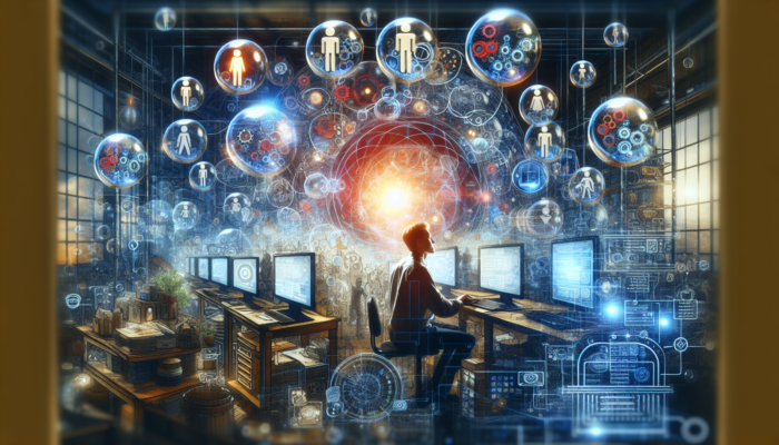 Small business owner in a bustling workshop, surrounded by glowing screens showing e-commerce sites, rising graphs, and happy customers, symbolising growth.