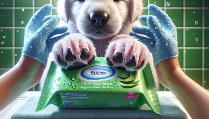 Close-up of soft, non-woven wipes infused with aloe vera cleaning a fluffy puppy's paws in a bright bathroom, showing high absorbency and fresh glow.