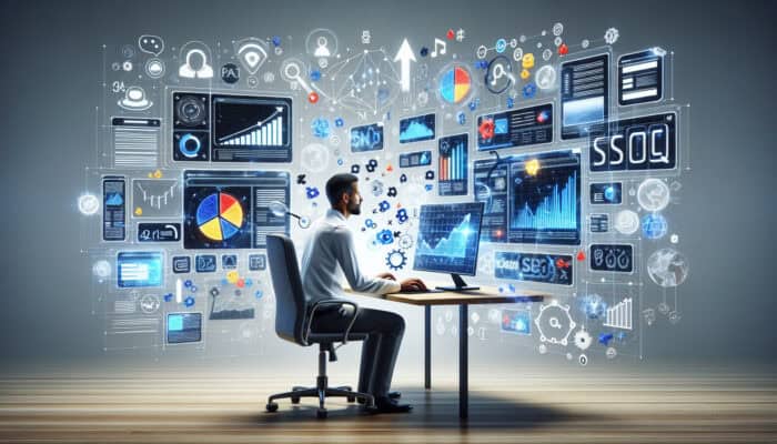 Focused SEO expert optimizing landing page on multi-screens, surrounded by floating keywords, analytics graphs, search icons, and upward arrows.