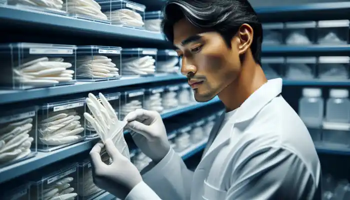 Healthcare professional in white lab coat inspects sterile latex gloves for tears in a clean UK facility, with gloves stored in sealed containers.