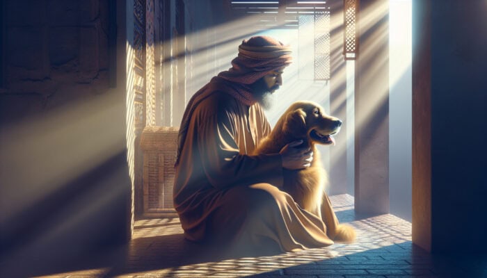 A person on a sunlit porch embraces a golden retriever, finding solace and healing through the dog's affectionate gaze.