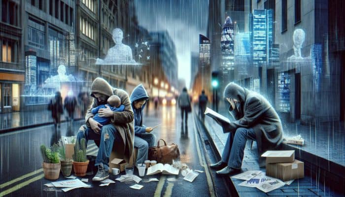 Debt Consolidation Scams to Avoid in the UK: Key Warnings | DCL A rainy London street scene with a stressed graduate, weary single parent with child, and unemployed person seeking guidance.