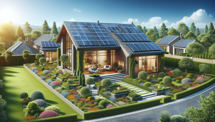 A modern suburban home in Pretoria with solar panels on the roof, surrounded by vibrant gardens and a blue sky, symbolising sustainable energy and increased property value.