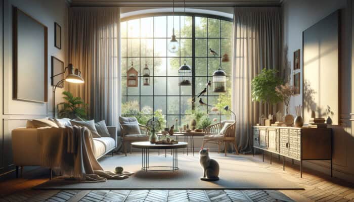 Cozy living room in soft morning light with bay window, bird feeders, cat on shelf, and elegant furniture.