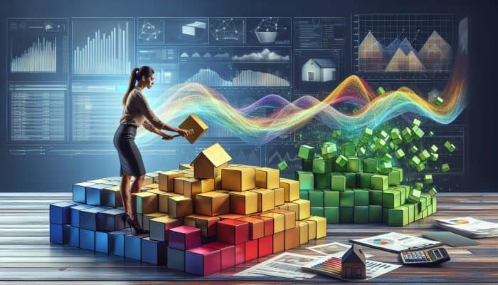 Financial advisor in a modern office consolidates debts into an interest-only mortgage, surrounded by rate charts, a house model, and currency flows.