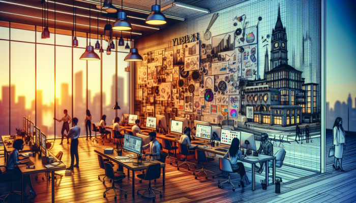 A collaborative design team in Yate working in a modern studio with sleek computers, vibrant sketches, and innovative prototypes under warm lighting.