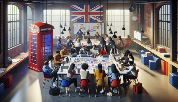 A diverse team collaborating in a modern Yate, UK, design studio, sketching website ideas on laptops with Union Jack flags and red phone booths.