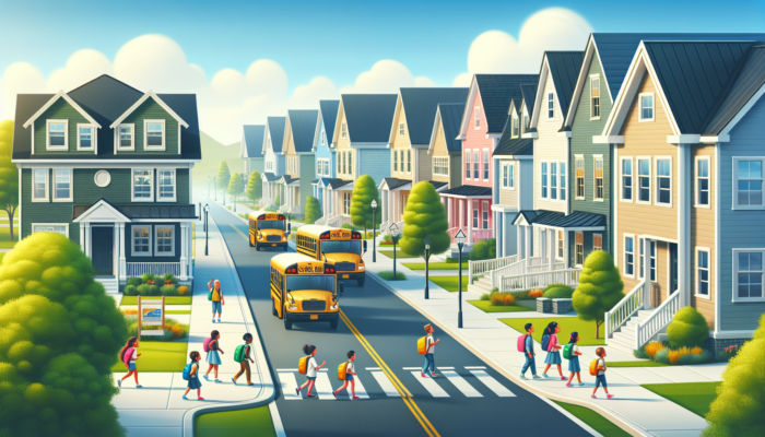 A suburban street with modern homes, children playing safely, school buses, and rising property value signs under a blue sky.