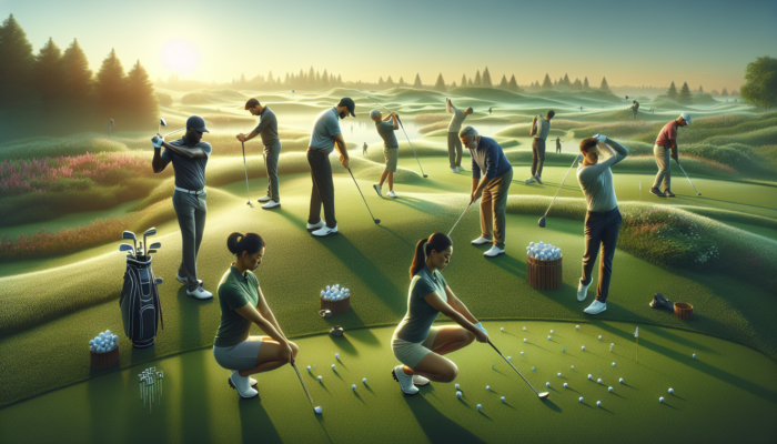 Dedicated golfers warming up on a dew-kissed fairway at dawn, stretching, swinging clubs, and practising putts under the gentle glow of sunrise.