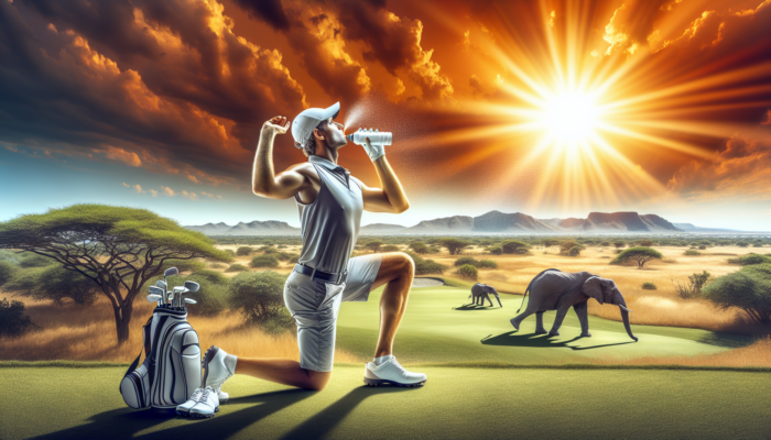 A golfer warming up with stretches on a sunlit course near Kruger National Park, surrounded by savanna hills and wildlife, while sipping a drink and applying sunscreen.