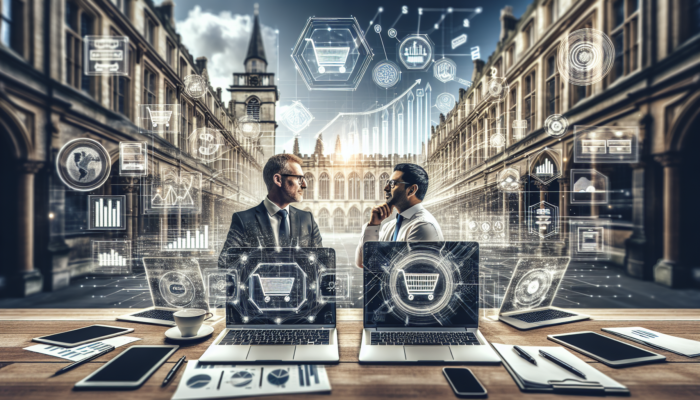 SEO expert consulting a small business owner in Royal Wootton Bassett, with laptops showing e-commerce analytics and historic architecture.