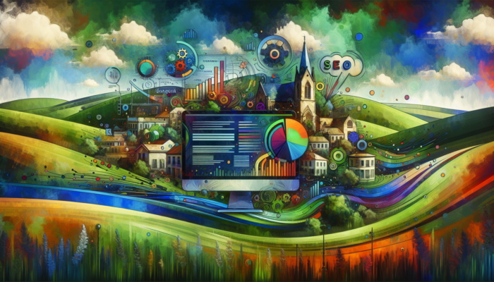 Website Design for Kingswood Small Businesses: A vibrant illustration showcasing a responsive website for a Kingswood business, transitioning seamlessly from desktop to mobile, adorned with SEO icons and a scenic hills backdrop.