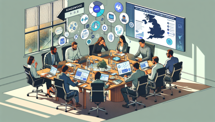 In a contemporary Kingswood office, web experts and business owners engage in website planning, showcasing laptops, digital sketches, payment icons, and maps of Gloucestershire.