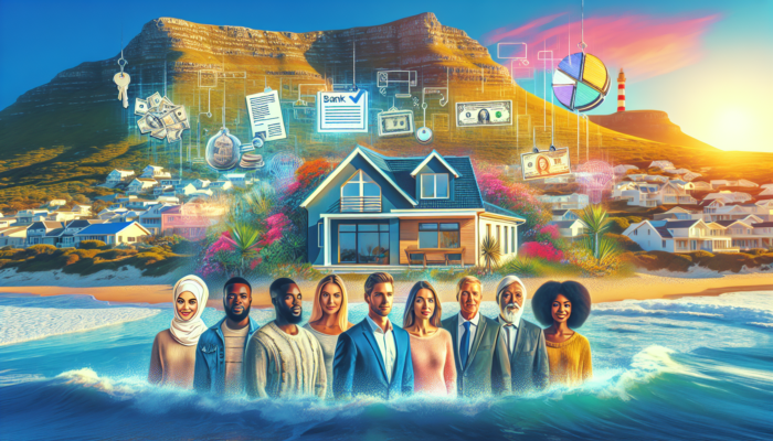 Diverse first-time buyers in Hermanus admiring an entry-level home, with bank documents, keys, and government loan symbols under a sunny sky.