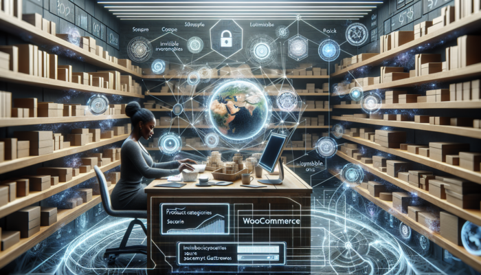 WooCommerce Setup in Winchcombe for Small Businesses: WooCommerce dashboard in a cosy Winchcombe shop, displaying organised inventory shelves, product categories, and secure payment gateways with focused owner.