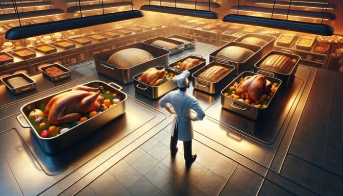 A chef in a bustling kitchen compares roasting pans of various sizes, each with golden turkey and vegetables under warm lighting.