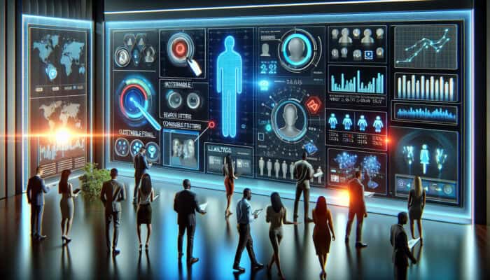 Influencity dashboard showing search filters, analytics graphs, and influencer profiles; marketers in office viewing holographic social media metrics.