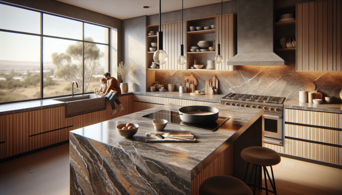 A modern South African kitchen in Welkom featuring durable granite countertops with grey and black veins, warm wooden cabinets, and a family cooking scene.