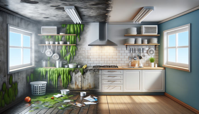 Kitchen renovation in South Africa: the left side shows damp walls with green mould and foggy windows; the right side features modern exhaust fans and bright, airy surfaces.