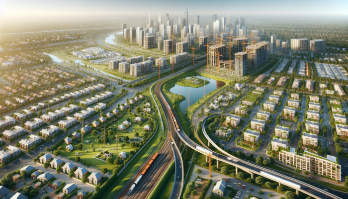 A vibrant aerial view of Colesberg's northern suburbs, featuring modern housing, highways, trains, construction cranes, and green parks.