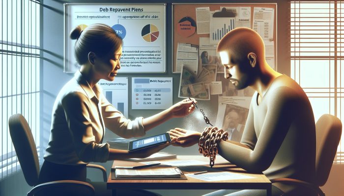 Stepchange vs Debt Consolidation Loans Compared | DCL StepChange advisor in a modern London office guides relieved single parent on tablet, with fading broken chains symbolising hope and financial freedom.