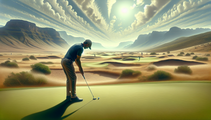 Focused golfer analyzing green contours and grass grain on a sunlit South African course in Drakensberg, with Karoo landscape and breezes.