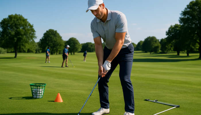 Golfer practicing grip at Randpark Golf Club on lush fairway with equipment.