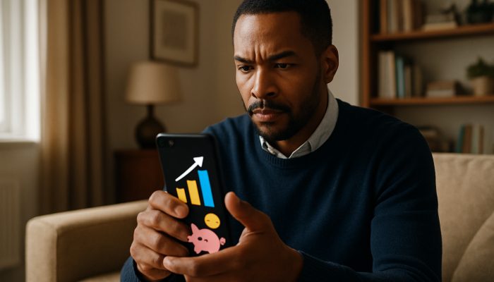 UK professional checking Monzo app on smartphone, with rising savings progress bar and motivational icons.