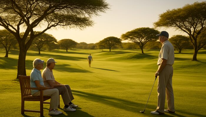 Serene South African golf resort: emerald fairways, elderly golfers relaxing under acacia trees in golden sunlight.