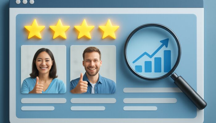 Vibrant e-commerce platform showcasing glowing star ratings, thumbs-up icons, ascending traffic graphs, and an SEO magnifying glass.