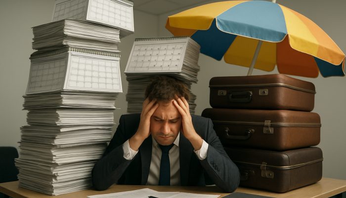 Holiday Balances Sitting on Cards for Years: Maximise Them | DCL Stressed office worker buried under calendars, suitcases, and umbrellas symbolising unused holiday days.