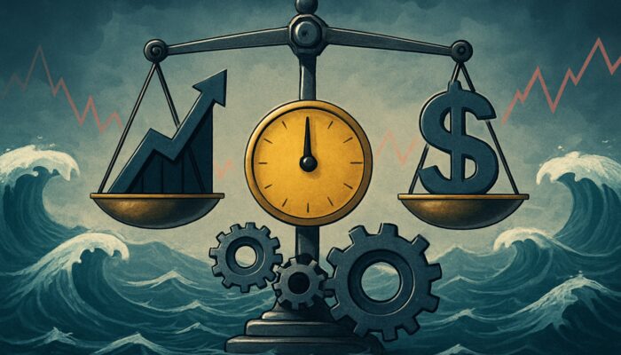 Financial scale weighing Calmar Ratio amid stock market fluctuations and mechanisms adjusting for volatility and risk.