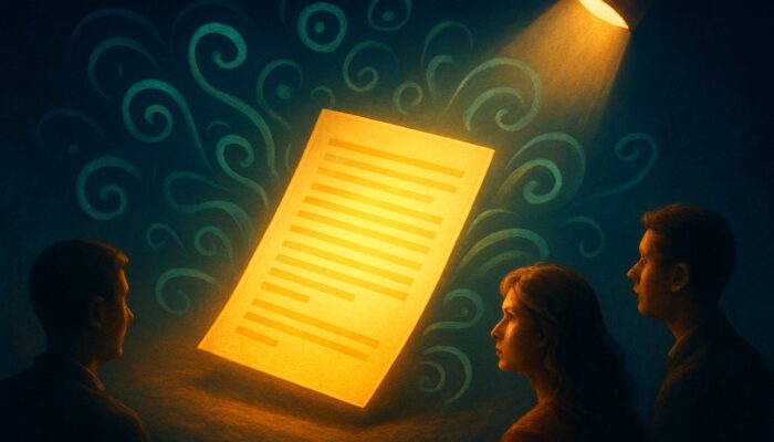 Illuminated press release filled with dynamic SEO keywords captivating journalists and readers under a spotlight for increased media visibility