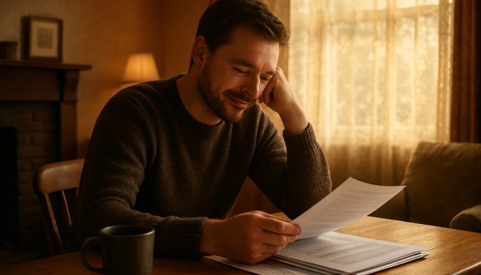 Individual reviewing merged debt papers in a comfortable British living room, displaying relief and clarity.