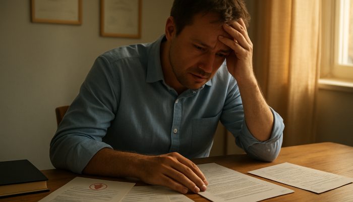 Concerned individual at a sunlit desk with medical documents, bills, and letters seeking creditor relief
