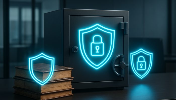 documenting historical debt agreements: Key Legal Guidance | DCL Digital vault with glowing GDPR shields securing ancient debt ledgers in sleek office