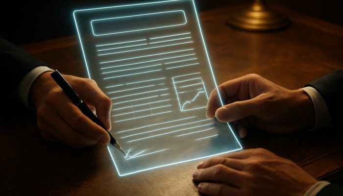 documenting historical debt agreements: Key Legal Guidance | DCL Hands signing glowing transparent contract on antique desk with floating interest rates, symbolizing UK debt transparency laws.