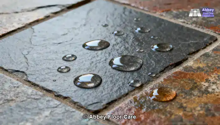 Slate floor tiles showing richer colour after a colour enhancing sealer has bonded with the surface