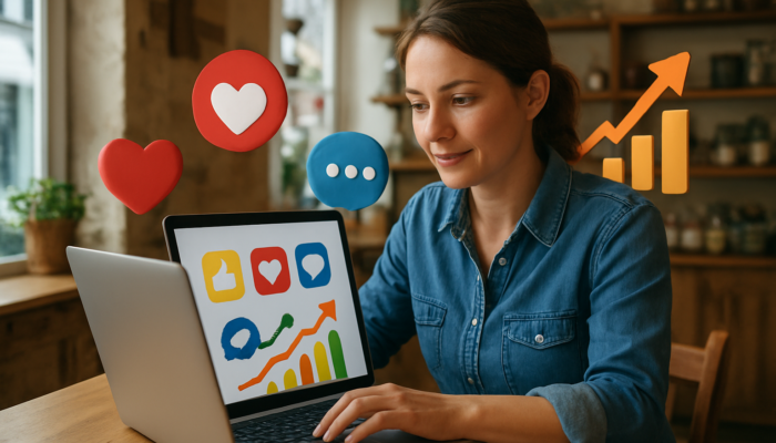 Small business owner in Great Torrington analyses social media engagement metrics on laptop with floating icons
