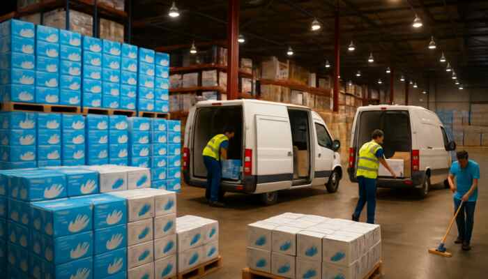 A Hucknall warehouse filled with boxes of bulk vinyl gloves as delivery vans load supplies under bright lights.