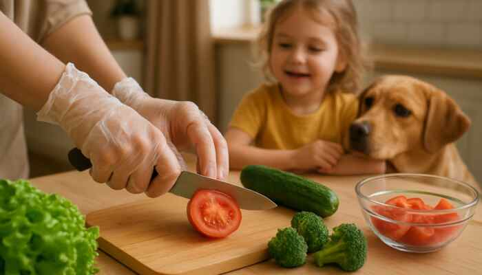 Hands in clear vinyl gloves preparing fresh food in a cozy family kitchen with a child and pet nearby.