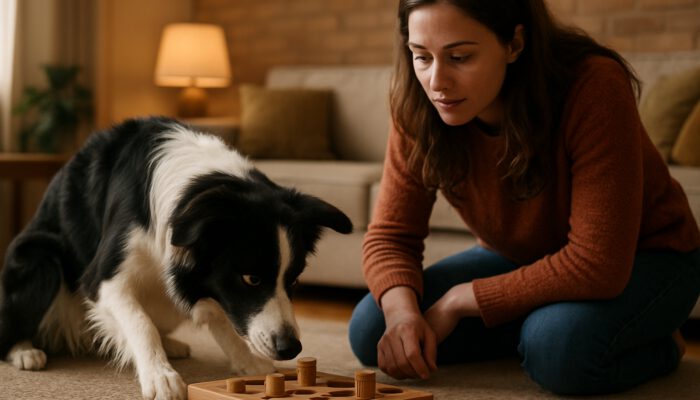 Border collie solving a wooden puzzle toy while the owner observes in a cosy setting