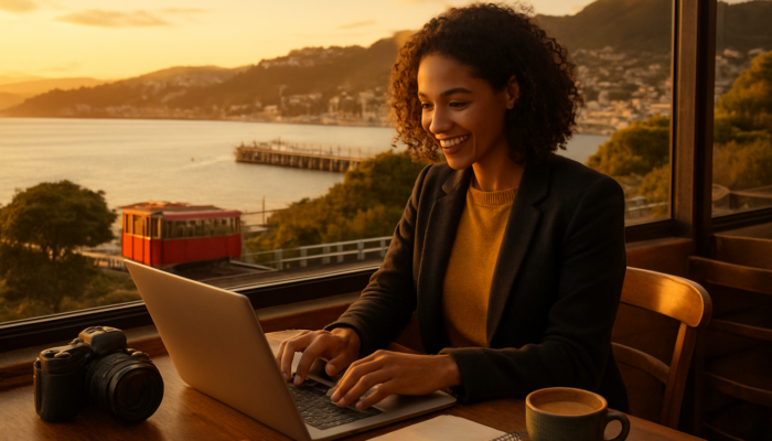 Entrepreneur crafting social media content on a laptop in a cosy Wellington waterfront café during sunset