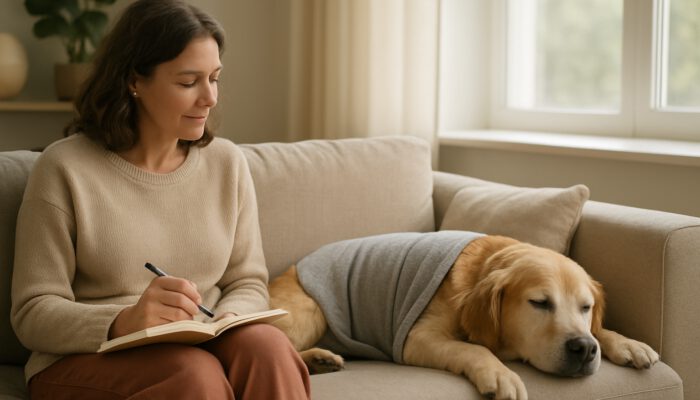 Calm dog wearing a calming wrap on a couch while owner notes reactions in a journal