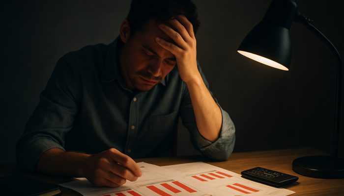 Signs Support Is Harming Your Finances: Identify The Risks | DCL Stressed person reviewing UK bank statements with red deficits on rent and utility bills at desk