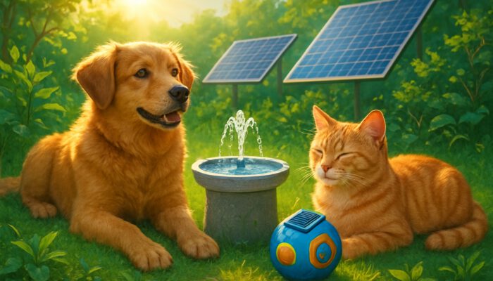 Dog and cat enjoying solar-powered pet devices in a sunny eco-friendly garden featuring solar panels.