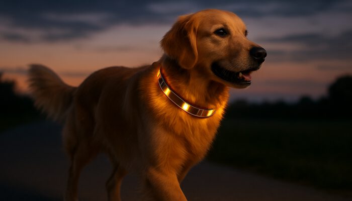 Golden retriever at dusk sporting a glowing solar-powered LED collar with solar panels for visibility.