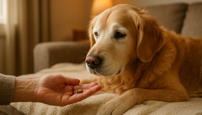 Elderly golden retriever receiving a treat from owner on a warm blanket in a cosy home