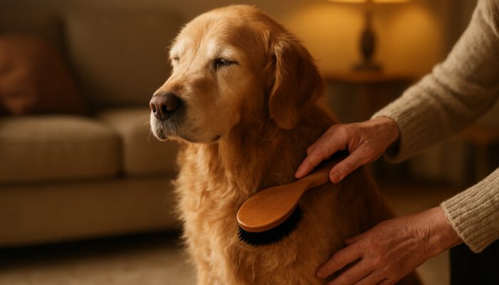 Elderly golden retriever with dry, patchy fur being gently brushed by owner in a warm home