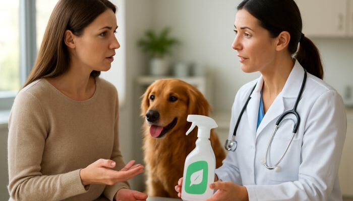 Pet owner consults vet about non-toxic cleaning products while relaxed dog rests in sunlit clinic
